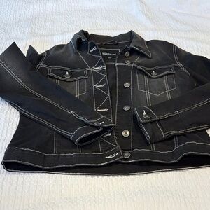 Suko jeans Distressed  Fade Black Denim Jacket with White Stitching